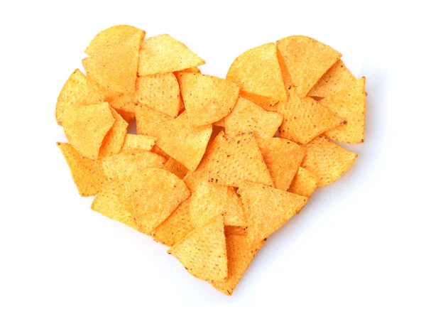 Delicious chips chips heart shape isolated on white — Stok Foto
