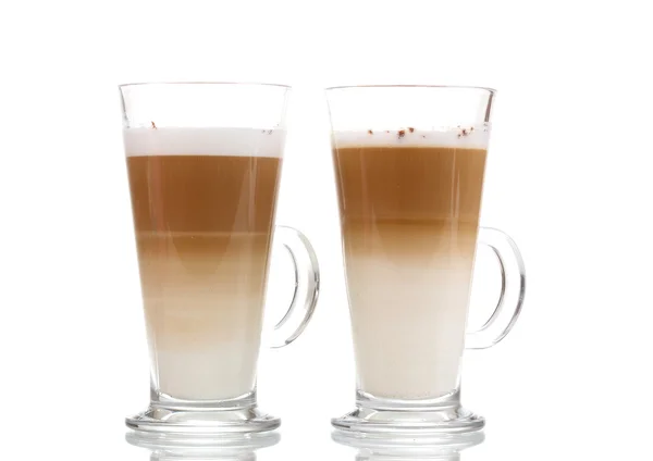 Fragrant сoffee latte in glass cups isolated on white — Stock Photo, Image