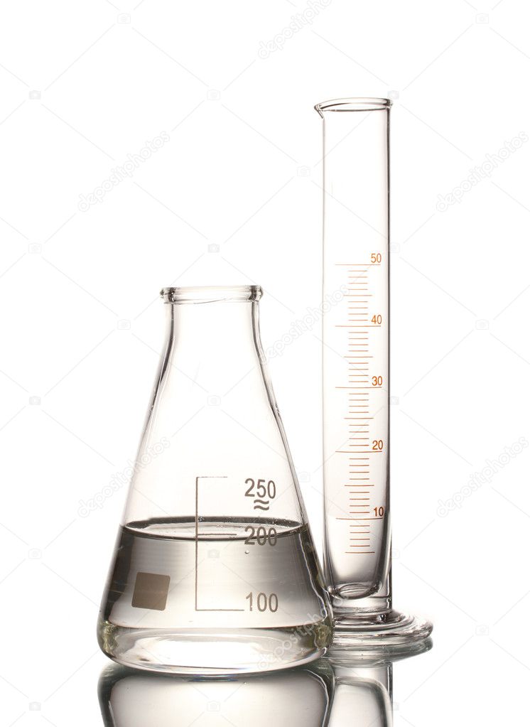 Flask with water and empty measuring beaker with reflection isolated on whi