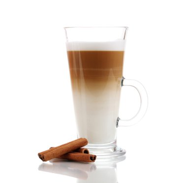 Fragrant сoffee latte in glass cup and cinnamon isolated on white clipart
