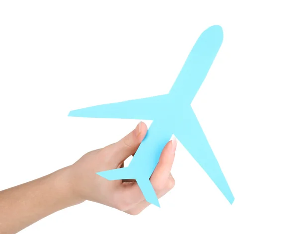 Kağıt Uçak üzerinde beyaz izole el — Stok fotoğraf