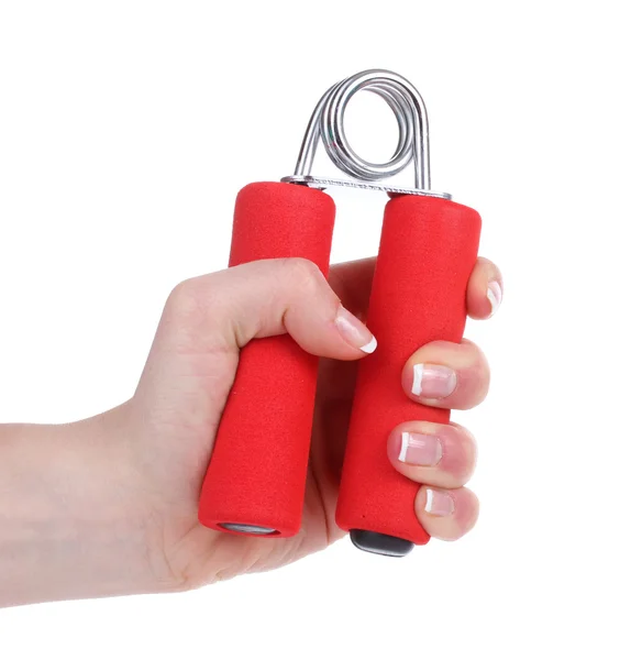 Red hand trainer in hand isolated on white — Stock Photo, Image