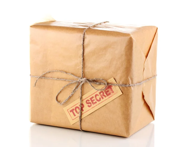 Parcel with top secret stamp isolated on white — Stock Photo, Image