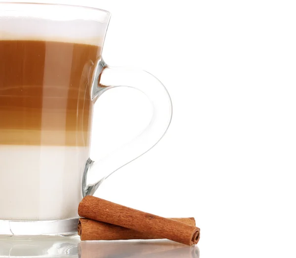 Fragrant сoffee latte in glass cup and cinnamon close-up isolated on white — Stock Photo, Image