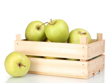 Juicy green apples in a wooden crate isolated on white clipart