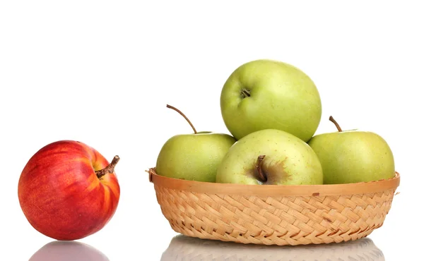 Juicy green apples in the basket and red apple isolated on white — Stock Photo, Image