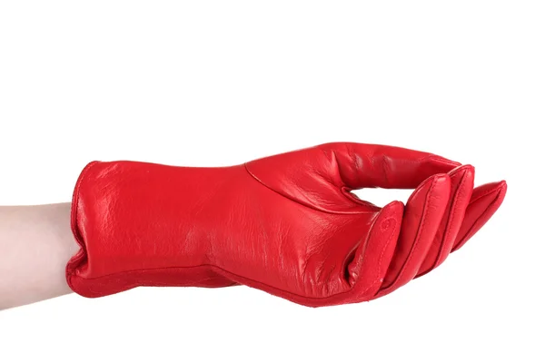Mano de las mujeres en guante de cuero rojo aislado en blanco — Foto de Stock