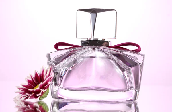 Женские духи в красивой бутылке и цветок изолированы на белом — стоковое фото