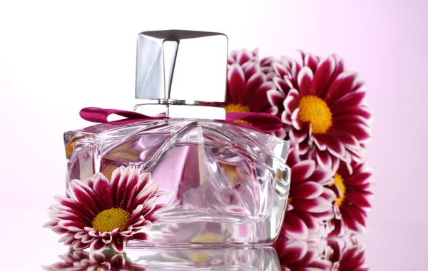Perfume feminino em bela garrafa e flores isoladas em branco — Fotografia de Stock