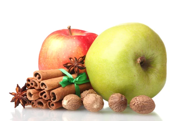 Tyčinky skořice, jablka, muškátový oříšek a anýzu izolovaných na bílém — Stock fotografie