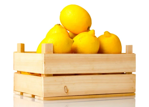 stock image Ripe lemon in wooden box isolated on white