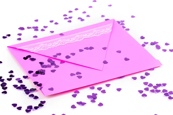 Renk zarf ve üzerinde beyaz izole konfeti — Stok fotoğraf