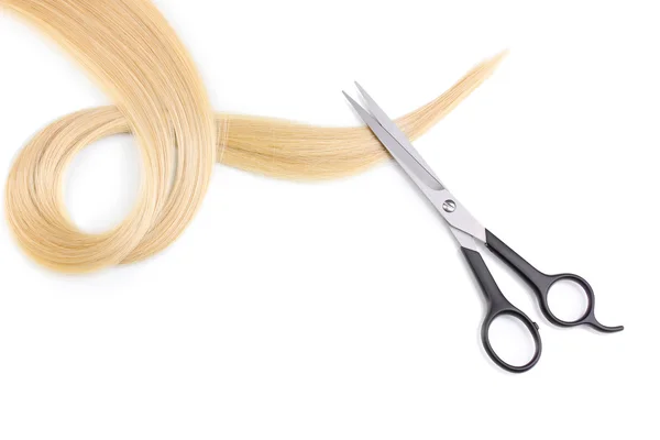 Parlak sarı saçlı ve beyaz izole saç kesme makası — Stok fotoğraf