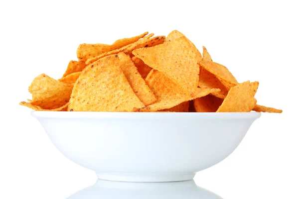 Smakelijke potato chips in kom geïsoleerd op wit — Stockfoto