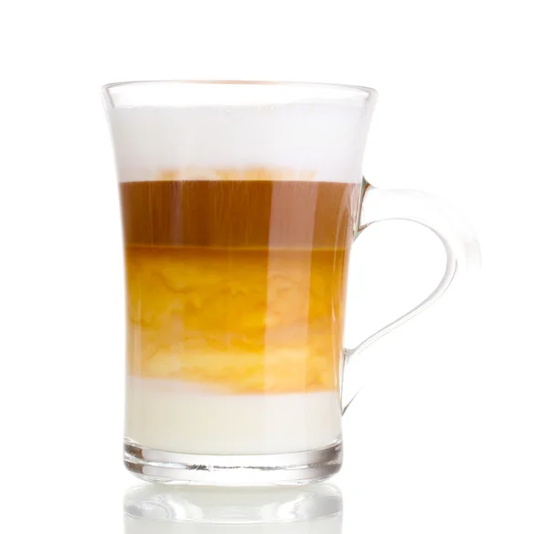 Fragante jalá appuccino latte en taza de vidrio aislado en blanco — Foto de Stock