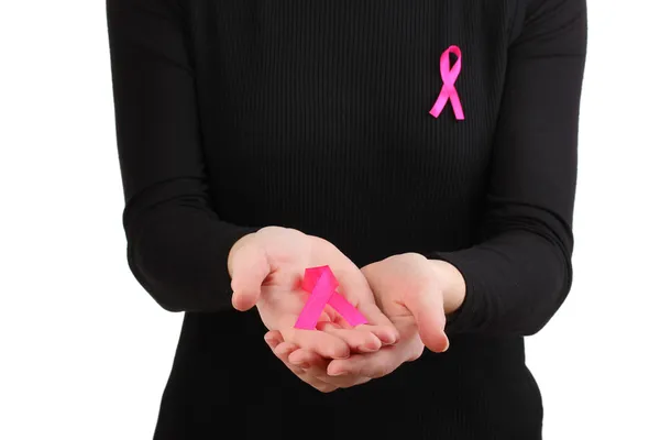 Woman with pink ribbon in hands isolated on white — Stock Photo, Image