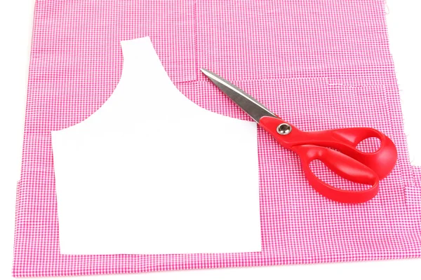 Scissors and pattern on fabric isolated on white — Stock Photo, Image