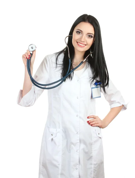 Молодой красивый врач со стетоскопом изолирован на белом — стоковое фото