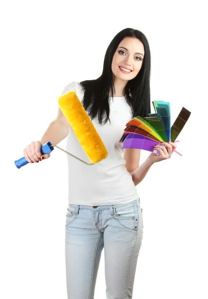 Beautiful young woman decorator isolated on white — Stock Photo, Image