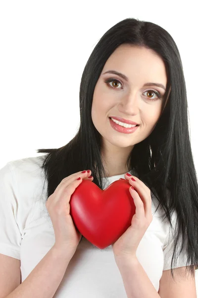 Hermosa joven sosteniendo corazón rojo aislado en blanco —  Fotos de Stock