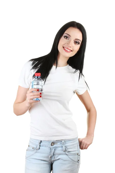 Schöne junge Mädchen und Flasche Wasser isoliert auf weiß — Stockfoto