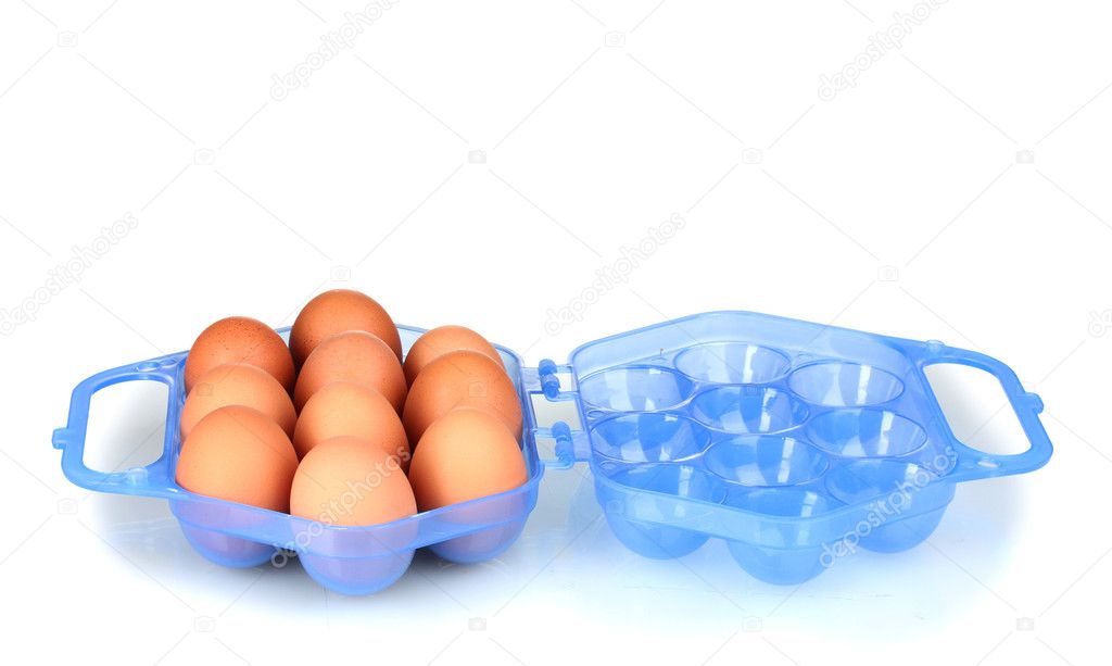 Eggs in blue plastic box isolated on white