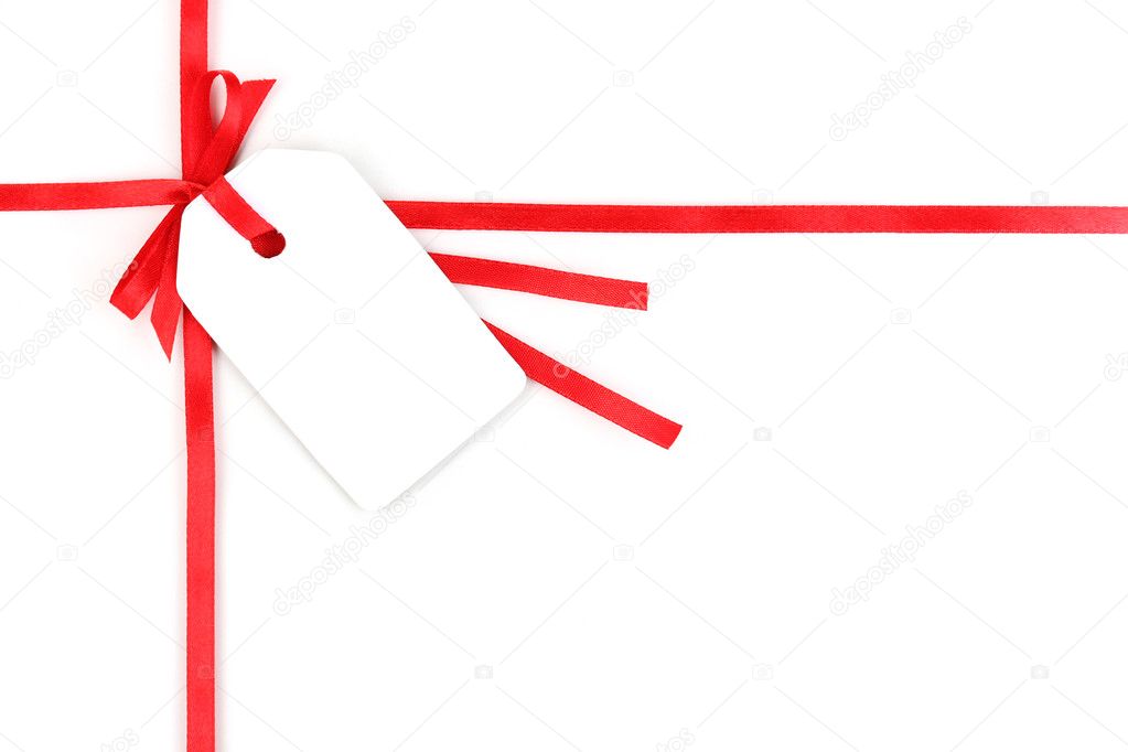 Blank gift tag with bow on red satin ribbon isolated on white
