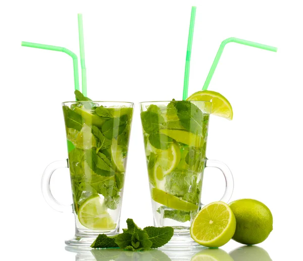 Glasses of cocktail with lime and mint isolated on white — Stock Photo, Image