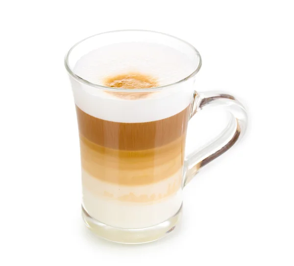 Fragrant сappuccino latte in glass cup isolated on white — Stok Foto