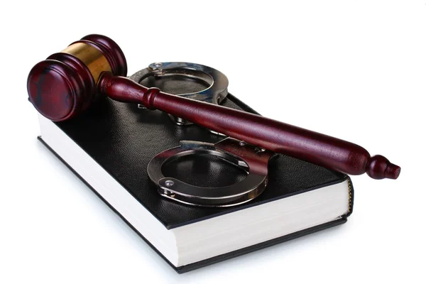 stock image Wooden gavel, handcuffs and book isolated on white