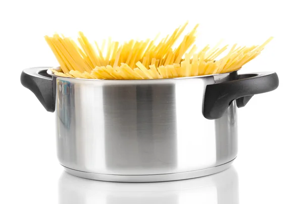 Spaghetti in pot isolated on white — Stock Photo, Image