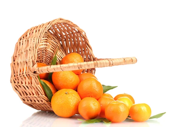 Mandarini con foglie in un bel cesto isolato su bianco — Foto Stock