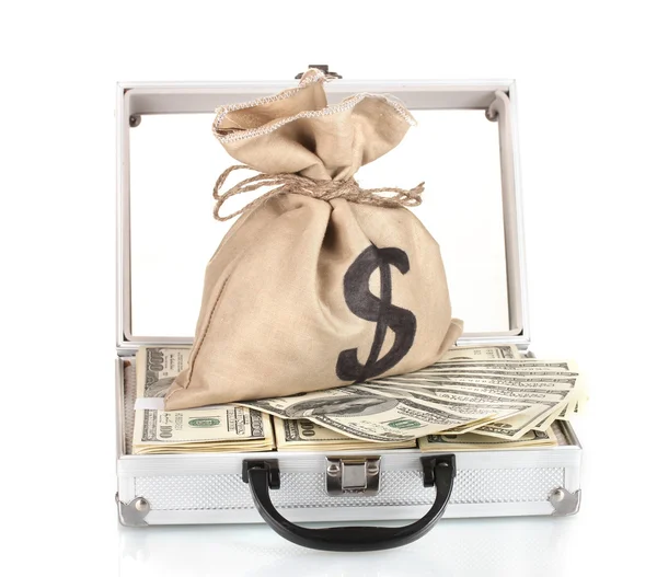 Bir sürü yüz dolar faturaları bir durumda bir dolar işareti olan bir çanta — Stok fotoğraf