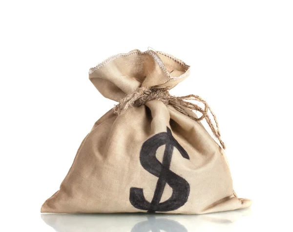 กระเป๋าที่มีป้ายดอลลาร์แยกจากสีขาว — ภาพถ่ายสต็อก