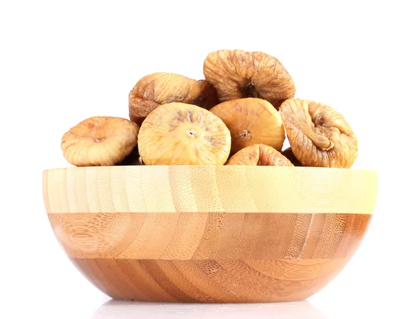 Delicious dried figs in wooden bowl isolated on white — Stock Photo, Image