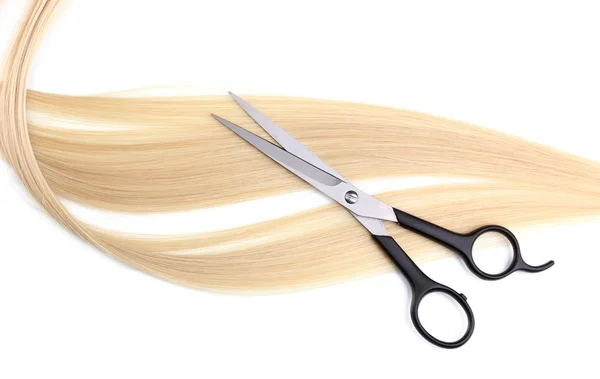 Parlak sarı saçlı ve beyaz izole saç kesme makası — Stok fotoğraf