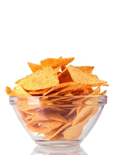 Tasty potato chips in transparent bowl isolated on white — Stock Photo, Image