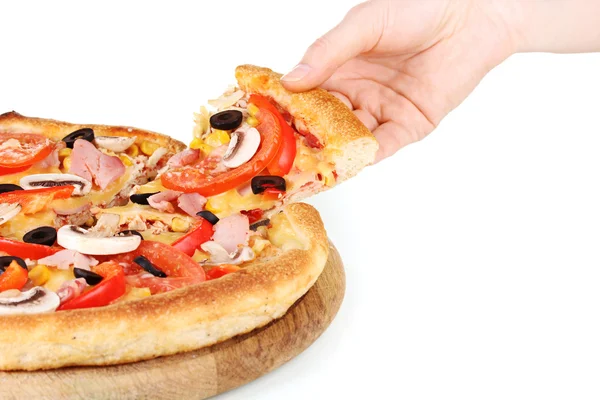 Tomando rebanada de pizza sabrosa primer plano aislado en blanco — Foto de Stock