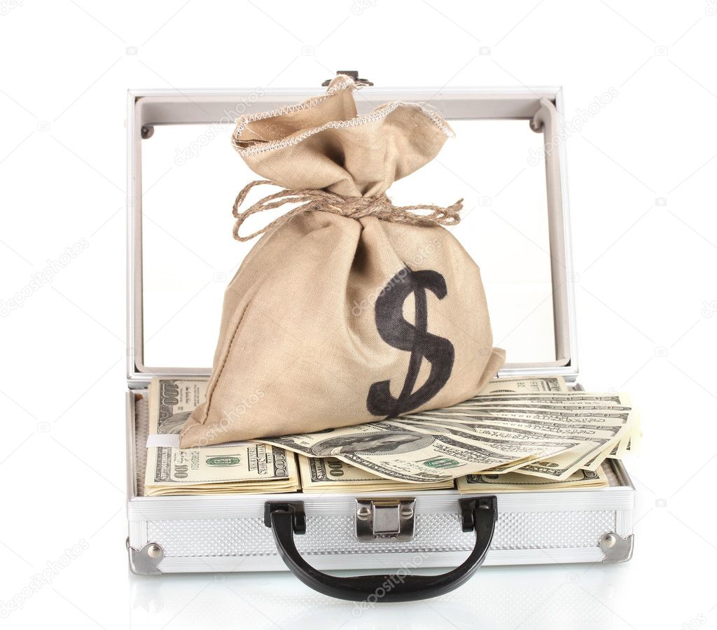 A lot of one hundred dollar bills in a case with a bag with a dollar sign i