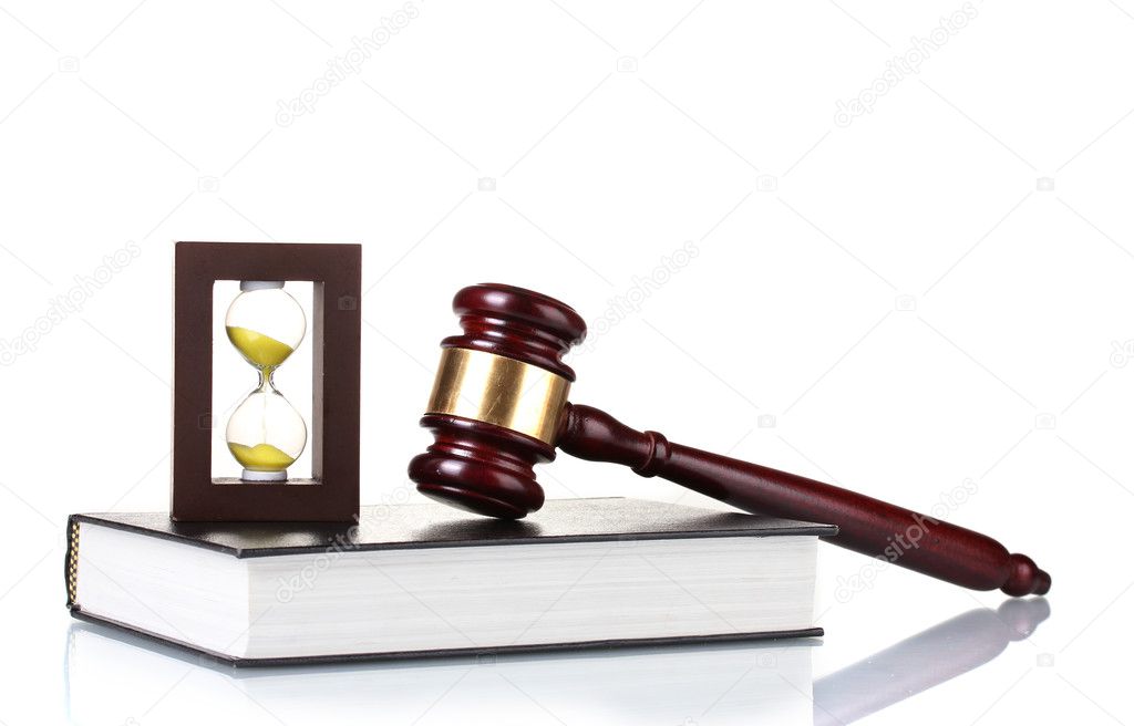 Wooden gavel, book and hourglass isolated on white