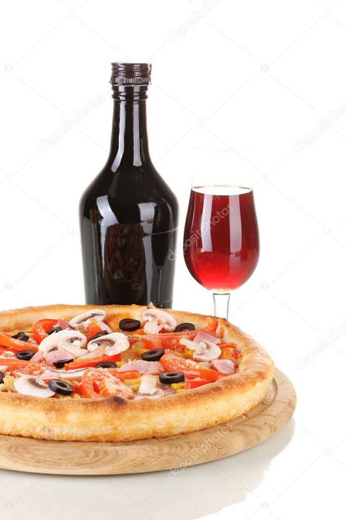 Aromatic pizza and wine isolated on white