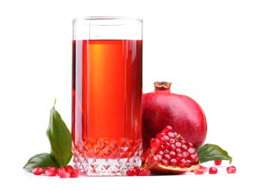 Ripe pomergranate and glass of juice isolated on white clipart