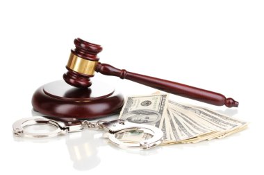 Dollar banknotes, handcuffs and judge's gavel isolated on white clipart