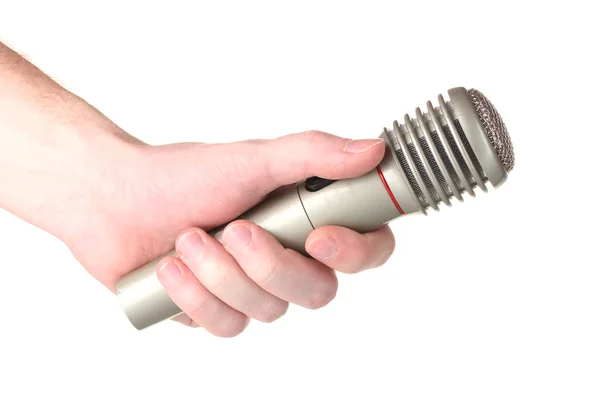 Шинный серый железный микрофон в руке, изолированный на белом — стоковое фото
