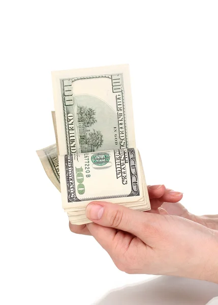 Doları banknot elinde beyaz izole — Stok fotoğraf