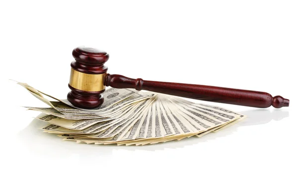 Dollar banknotes and judge's gavel isolated on white — Stock Photo, Image