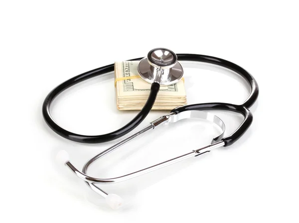 Stethoscope and dollar banknotes tied with rubber band isolated on white — Stock Photo, Image