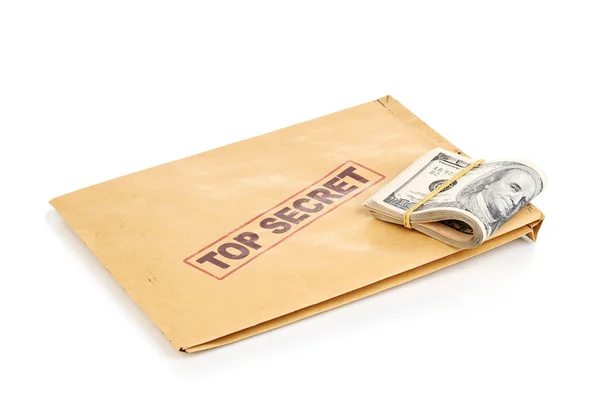 Notas de dólar e envelope ultra secreto isolado em branco — Fotografia de Stock