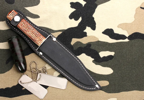 Distintivi dell'esercito e coltello su sfondo mimetico — Foto Stock