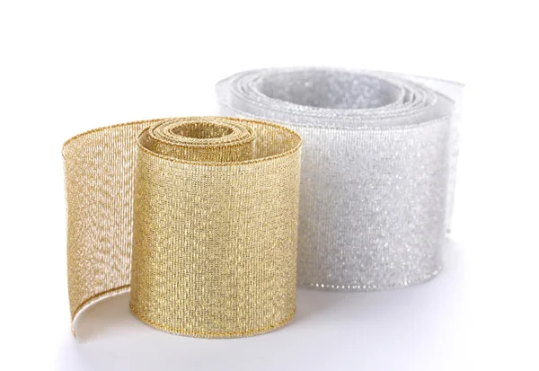 Beautiful golden and silver ribbons isolated on white — Stock Photo, Image